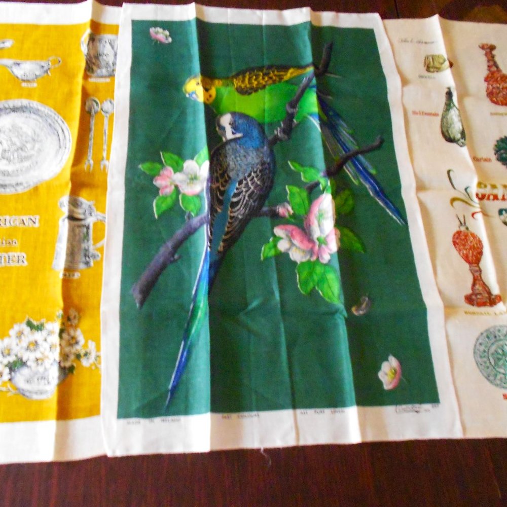 Lot of 3 Vintage Tea Towels New Kay Dee Lamont Linen Parakeet Pewter Glassware